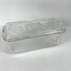 Vintage Federal Glass Refrigerator Storage Dish Ribbed w Embossed Vegetable Lid